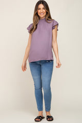 Purple Mock Neck Flutter Maternity Blouse