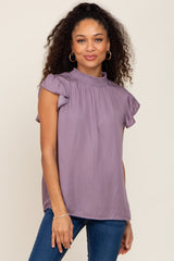 Purple Mock Neck Flutter Maternity Blouse