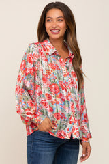 Red Floral Semi Sheer Shimmer Maternity Blouse