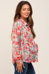 Red Floral Semi Sheer Shimmer Maternity Blouse