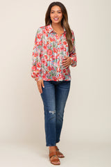 Red Floral Semi Sheer Shimmer Maternity Blouse