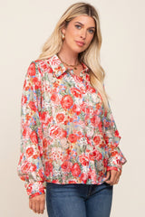 Red Floral Semi Sheer Shimmer Blouse