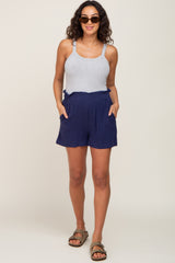 Navy Elastic Waist Linen Maternity Shorts