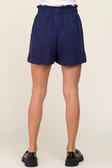 Navy Elastic Waist Linen Shorts