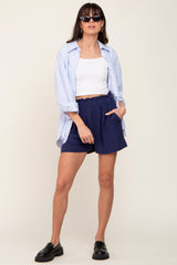 Navy Elastic Waist Linen Shorts