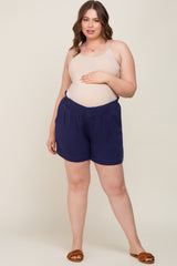 Navy Elastic Waist Linen Maternity Plus Shorts