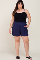 Navy Elastic Waist Linen Plus Shorts