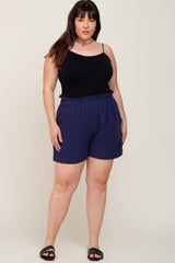 Navy Elastic Waist Linen Plus Shorts