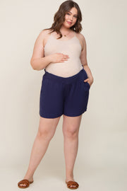 Navy Elastic Waist Linen Maternity Plus Shorts