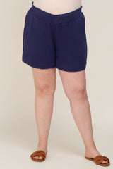 Navy Elastic Waist Linen Maternity Plus Shorts