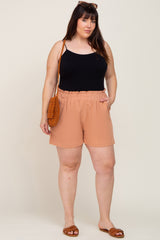 Peach Elastic Waist Linen Maternity Plus Shorts