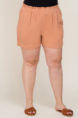 Peach Elastic Waist Linen Plus Shorts