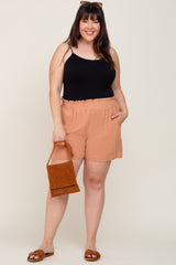 Peach Elastic Waist Linen Plus Shorts