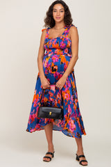 Blue Printed Satin Smocked Maternity Midi Dress