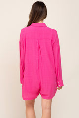 Fuchsia Jacquard Button Down Maternity Romper