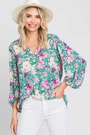 Jade Floral V-Neck 3/4 Sleeve Blouse