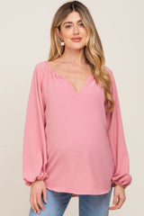 Mauve Long Puff Sleeve Maternity Blouse