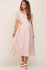 Light Pink Cutout Puff Sleeve Maternity Midi Dress