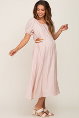 Light Pink Cutout Puff Sleeve Maternity Midi Dress