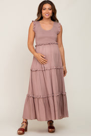 Taupe Smocked Ruffle Tier Maternity Maxi Dress