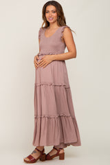 Taupe Smocked Ruffle Tier Maternity Maxi Dress