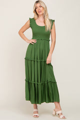 Green Smocked Ruffle Tier Maternity Maxi Dress