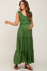 Green Smocked Ruffle Tier Maternity Maxi Dress