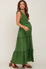 Green Smocked Ruffle Tier Maternity Maxi Dress