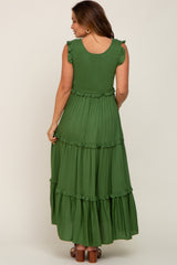 Green Smocked Ruffle Tier Maternity Maxi Dress