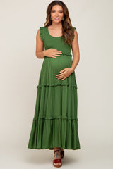 Green Smocked Ruffle Tier Maternity Maxi Dress