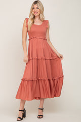 Rust Smocked Ruffle Tier Maxi Dress