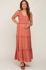 Rust Smocked Ruffle Tier Maternity Maxi Dress