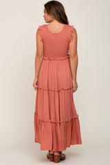 Rust Smocked Ruffle Tier Maternity Maxi Dress