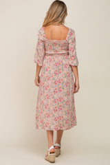 Light Pink Floral Smocked Half Sleeve Maternity Midi Dress