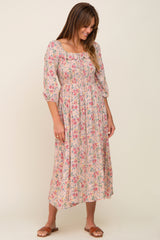 Light Pink Floral Smocked Half Sleeve Midi Dress