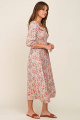 Light Pink Floral Smocked Half Sleeve Midi Dress