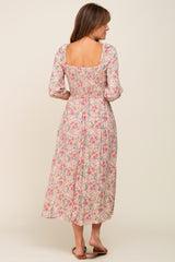 Light Pink Floral Smocked Half Sleeve Midi Dress