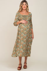 Olive Floral Smocked Half Sleeve Maternity Midi Dress