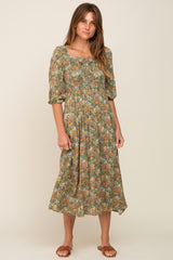 Olive Floral Smocked Half Sleeve Maternity Midi Dress