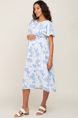 White Floral Short Flutter Sleeve Back Cutout Maternity Midi Dress