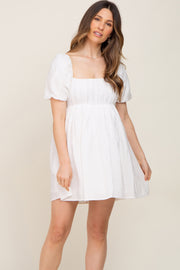 Ivory Striped Pleated Puff Sleeve Maternity Mini Dress