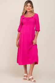 Fuchsia Swiss Dot 3/4 Sleeve Maternity Midi Dress