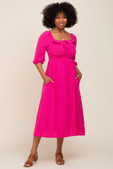 Fuchsia Swiss Dot 3/4 Sleeve Maternity Midi Dress