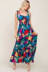 Navy Blue Tropical Floral Satin Maternity Maxi Dress