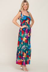 Navy Blue Tropical Floral Satin Maxi Dress