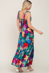 Navy Blue Tropical Floral Satin Maxi Dress