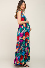 Navy Blue Tropical Floral Satin Maternity Maxi Dress