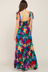 Navy Blue Tropical Floral Satin Maternity Maxi Dress