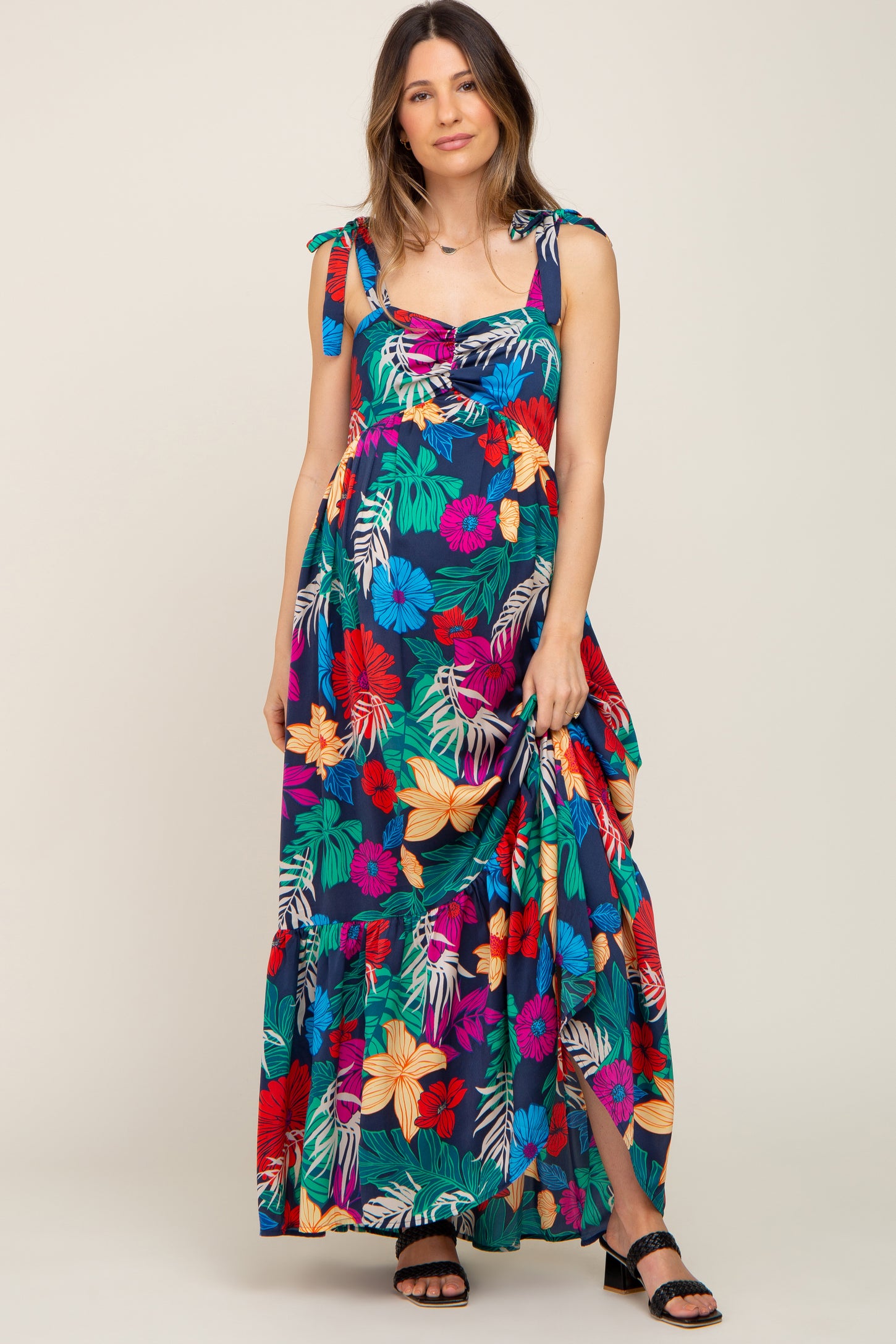 Navy Blue Tropical Floral Satin Maternity Maxi Dress – PinkBlush