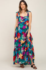 Navy Blue Tropical Floral Satin Maternity Maxi Dress